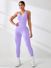 Slayform Women's Sleeveless Backless Halter Neck Figure-Hugging Sports Jumpsuit - Purple - View 3