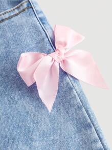 SHEIN Girlism Pantalones vaqueros con pierna acampanada de cintura alta, elásticos y desgastados al estilo Y2K para niña preadolescente, con bolsillos decorados con lazos, pantalones de estilo boho para vacaciones de verano en la playa, pantalones casuales con lazos para conciertos de verano y festivales, pantalones casuales para brunch de verano, iglesia y graduación - Lavado ligero - Ver 3