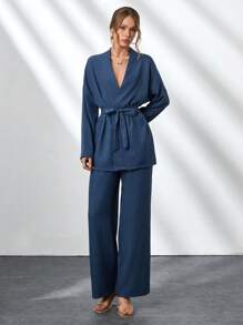 CLARA VERO Two Pieces With Belt Details, Cozy Sets, Easy To Wear At Home And Outdoor - Navy Blue - View 3