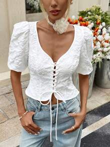SHEIN Essnce Women's Solid Color Lace Up V-Neck Short Sleeve Shirt, Summer - White - View 7