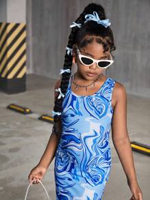 SHEIN Tween Girls Casual Streetwear Fashion Sleeveless Printed Fitted Slit Midi Dress - Blue - View 7