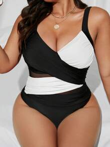 Swim SXY 大码女式交叉渐变色网眼拼接连体泳衣，夏季海滩度假 - 黑與白 - 查看 6