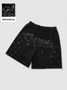ROMWE MEN Street Life Men's Letter & Rhinestone Star Print Drawstring Waist Casual Shorts - Black - View 7