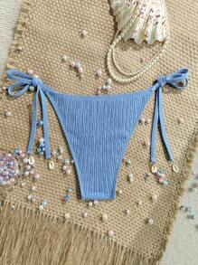 Swim Mod Women Solid Jacquard Fabric Tie Side Shell Decor Sexy Bikini Bottoms - Blue - View 2