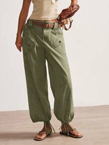 Bohemela 女式低腰带口袋慢跑裤，休闲百搭裤 - 綠色 - 查看 8