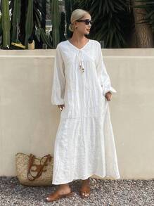 Livesso Summer New Loose Casual Linen Style Women Beach Dress - White - View 5