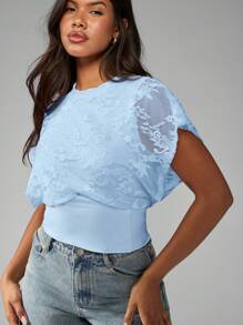 MISSGUIDED Floral Lace Cap Sleeve Form Fitting Summer Top Cinched Waist Blouse Special Occasion Party Cocktail Evening Wear Formal Office