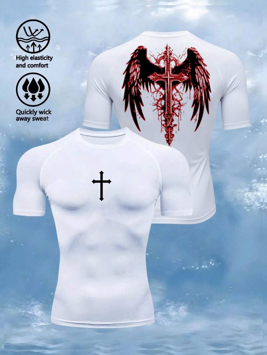 Manfinity Sport Corelite 男士十字印花圆领短袖运动T恤，夏季运动服跑步T恤和背心，健身上衣，压缩衣，透气修身圆领压缩衣 - 白色 - 查看 1