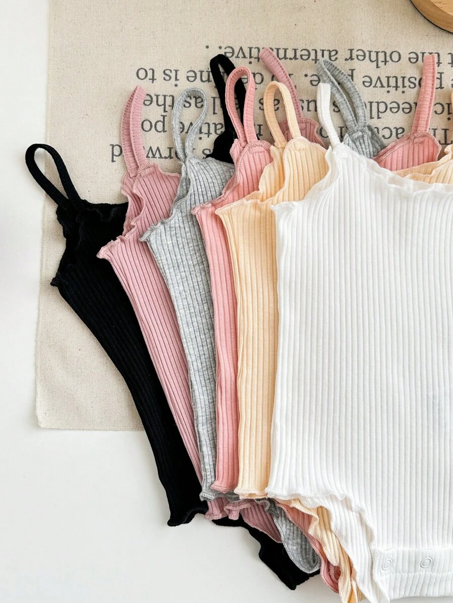 SHEIN LMoss Kids 6pcs/Set Newborn Baby Girls' Cute Casual Solid Color Knit Sleeveless Bodysuit, Summer - Multicolor - View 1