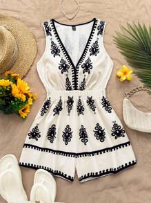 Soleia Women's Vacation Camisole Jumpsuit, Pattern Placement Print, Beach & Summer Wear Women Summer Clothes Dress Woman S Summer Clothes Women Summer Sets Women Short Dresses Summer Women S Clothes - Black and White - View 3