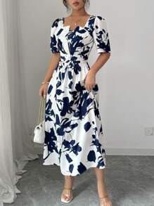 Elenzga 方领泡泡袖夏季腰部褶皱优雅全身印花拼色连衣裙