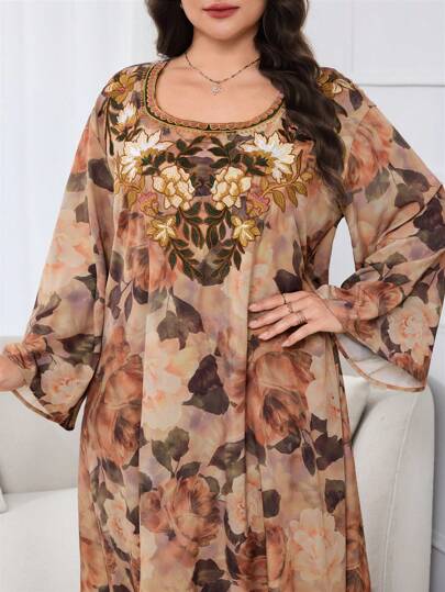 Al Najma 大码女式优雅花卉印花土耳其和阿拉伯传统长裙