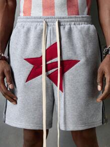 NEON BLANC Men's Streetwear-Inspired Gray Star Embroidery Personalized Knitted Shorts, School - Grey - View 5