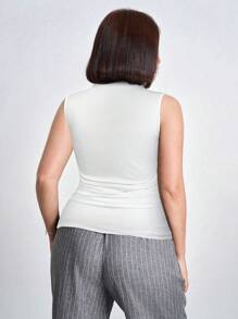 Chikora Áo không tay cổ xếp ly màu trơn cỡ lớn, thanh lịch cho mùa hè - trắng - Xem 2