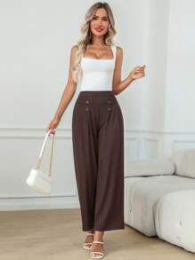 EMERY ROSE Women's Buttoned Pleated Elegant Office Pants Summer - Brown - View 3