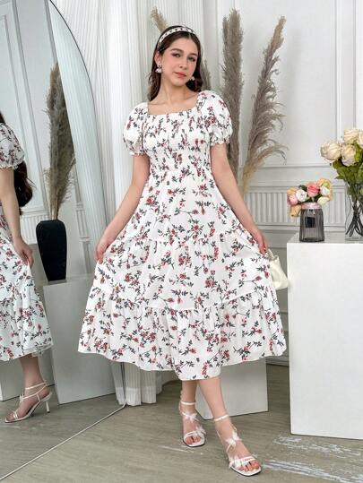 Teen Girl Ditsy Floral Puff Sleeve Square Neck Mini Dress, Vacation Style