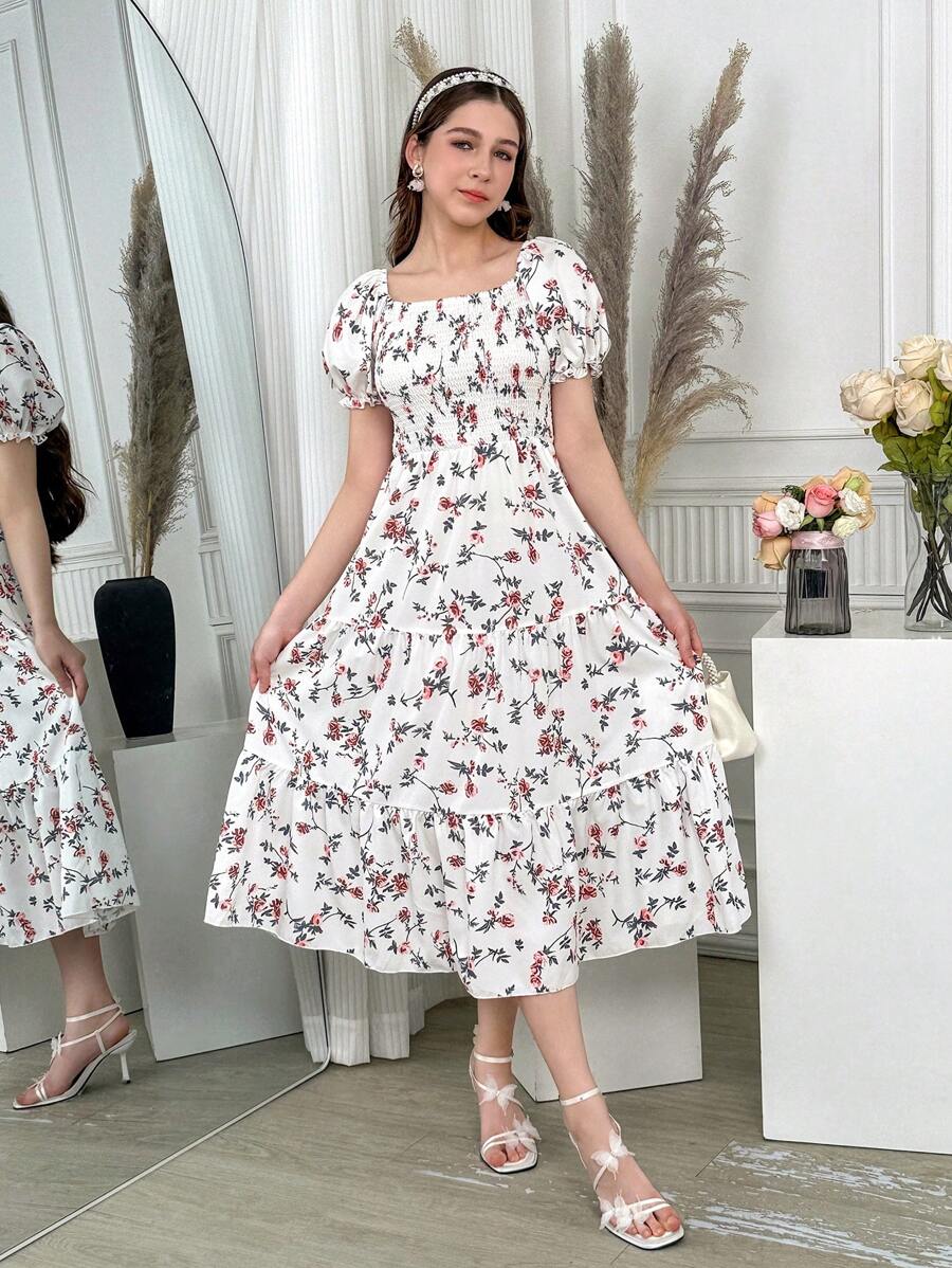 少女碎花泡泡袖方领迷你连衣裙，度假风格 - 白色 - 查看 1