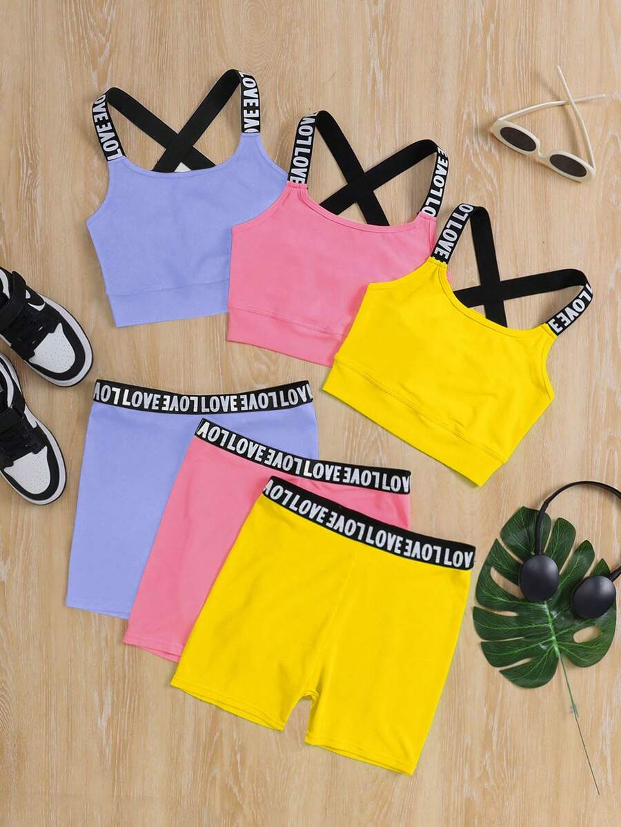 SHEIN Leap Crew 6件套少女纯色针织字母带运动套装