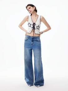 LYSMO Women Casual Acid Wash Rhinestone Decor Low Rise Flare Jeans - Blue - View 1