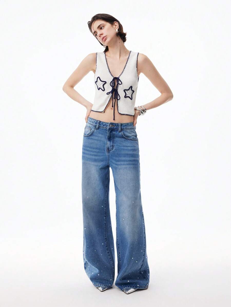 LYSMO Women Casual Acid Wash Rhinestone Decor Low Rise Flare Jeans - Blue - View 1