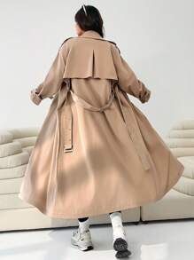 SHEIN EZwear 大码女式休闲长款风衣 - 卡其色 - 查看 3