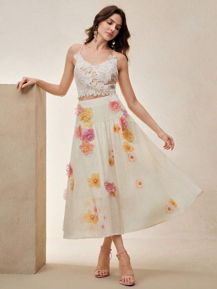 Women's New Arrival Spring/Summer Chiffon Wide-Hem 3D Floral A-Line Skirt, Elegant Holiday Vacation