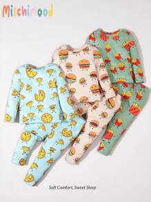 SHEIN 6pcs/Set Baby Boy Cute Cartoon Food All Over Print Comfy Snug Fit Long Sleeve Pajama Set - Multicolor - View 1