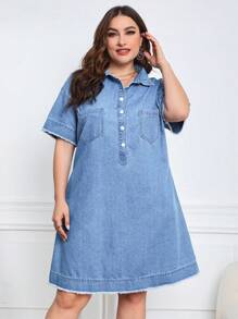 EMERY ROSE Plus Half Button Raw Hem Denim Dress - Medium Wash - View 5