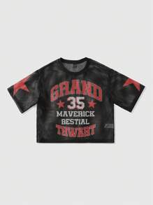 ROMWE MEN Street Life Men's Jersey Baggy Fit Loose Short Mesh Printed T-Shirt