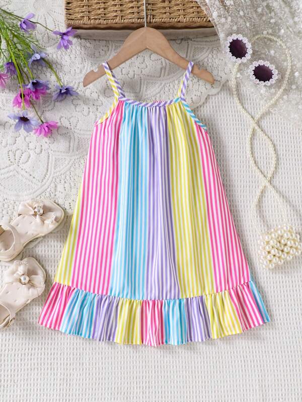 Vestido de verano con tirantes y volante en el bajo, confeccionado en tejido de punto, con estampado digital de rayas rojas, adecuado para el uso diario, salidas, vacaciones y fiestas de niñas jóvenes
