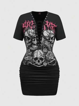 Grunge Punk Damen Streetwear Gothic Totenkopf- und Blumen Muster gerafftes Bodycon Minikleid mit Bindedetail und tiefem V-Ausschnitt