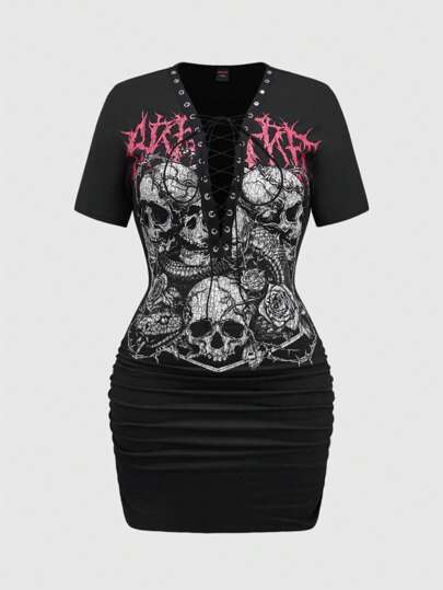 Grunge Punk Women's Streetwear Gothic Skull & Floral Print Ruched Tie Front Deep V-Neck Bodycon Mini Dress
