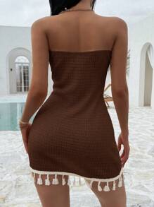 Sunnyshic 纹理面料性感露背挂脖拼接流苏装饰紧身迷你连衣裙 - 棕色 - 查看 2