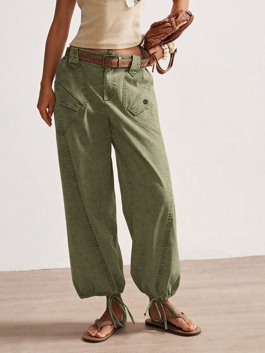 Bohemela 女式低腰带口袋慢跑裤，休闲百搭裤 - 綠色 - 查看 1