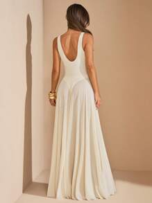 SHEIN BAE Vestido sin mangas en beige con falda de malla acampanada y fluida, vestido largo de tul transparente, vestido largo para vacaciones en la playa, vestido elegante para primavera/verano - Albaricoque - Ver 2