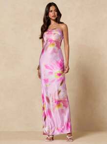 SHEIN BAE Summer Women Floral Print Strapless Backless Elegant Dress, Suitable For Party, Holiday, Wedding, Evening Occasion, Romantic Date - Pink - View 5
