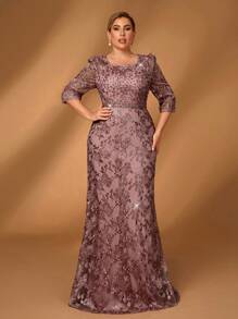 Serin 大码优雅浪漫串珠水晶缀饰蕾丝中袖鱼尾礼服，适合舞会、婚礼、晚会、新娘母亲礼服