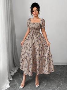 Elenzga Đầm Maxi Tay Ngắn Cổ Vuông Xếp Ly Cho Nữ, Có Họa Tiết Hoa Nhỏ, Phù Hợp Mặc Hàng Ngày Thường Ngày, Đi Làm, Du Lịch, Bãi Biển, Boho, Phương Tây, Lễ Hội Âm Nhạc, Phong Cách Đồng Quê - Màu nâu  Mocha - Xem 3
