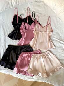 LuxeNights 3pcs Contrast Color Ruffle Trim Faux Silk Pajama Set - Multicolor - View 3