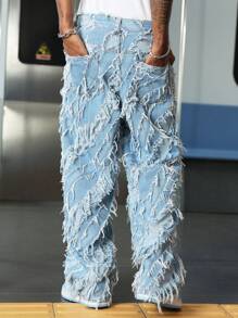 PAVTROS 男士街头服饰 轻度水洗毛边破洞口袋设计贴花刺绣宽松牛仔裤 街头休闲学院风、emo 风格 - 淺色水洗藍 - 查看 4