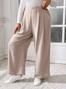 SHEIN Essnce Pantalones anchos de talle elástico con bolsillos para mujer talla grande de otoño e invierno, en color caqui, ropa informal, ropa de oficina, ropa de profesora, ropa de mujer, pantalones curvy, estilo "Old Money"