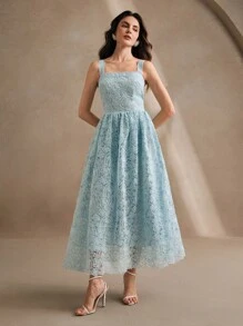 Anewsta 蓝色蕾丝刺绣连衣裙迷你宴会礼服，镂空欧根纱刺绣 - 薄荷藍 - 查看 3