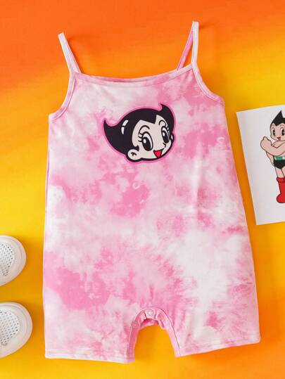Astro Boy X SHEIN Baby Girl Cartoon Pattern Tie-Dye Cute Sweet Cami Sleeveless Romper