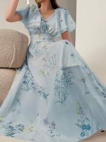 DAZY Đầm maxi dài thanh lịch họa tiết hoa nhí mùa hè mới dành cho nữ, thích hợp cho lễ Phục sinh. - Màu xanh lam - Xem 5