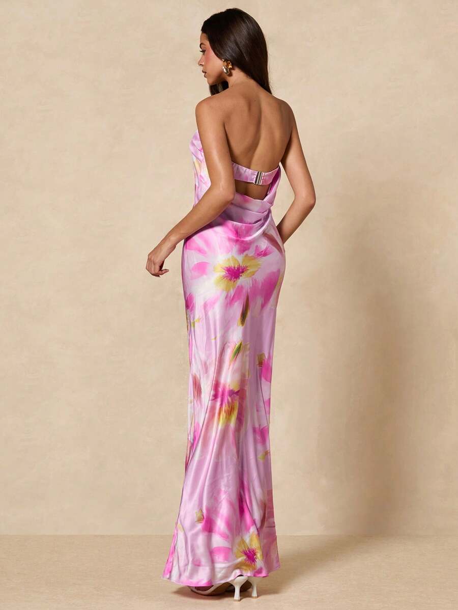 SHEIN BAE Summer Women Floral Print Strapless Backless Elegant Dress, Suitable For Party, Holiday, Wedding, Evening Occasion, Romantic Date - Pink - View 1