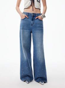 LYSMO Women Casual Acid Wash Rhinestone Decor Low Rise Flare Jeans - Blue - View 3
