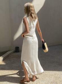 Livesso Conjunto de 2 piezas de top de tirantes casual de lino y falda de largo medio, para primavera/verano