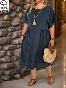 SHEIN CURVE+ Plus Size 100% Cotton Peter Pan Collar Short Sleeve Dress, Blue, Vacation, Curve Plus, Boho Vacation Beach Outfits For Woman/Beach Dress/Beach Vacation Outfits/Beach Essentials / Graduation/Tea Party Dress Summer/Country/Beach Vacation Outfits/Beach Outfits/Beach Wear - Blue - View 3