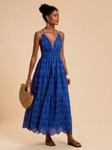 Travachic 度假休闲纯色镂空刺绣吊带连衣裙，女士度假装，女士婚礼宾客礼服，海滩度假装，女士夏季装，女士夏季连衣裙，女士连衣裙，夏季连衣裙 - 藍色 - 查看 6