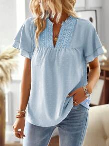 EMERY ROSE Blusa elegante de manga corta con cuello con muesca, de unicolor y parches de encaje, para el verano - Azul - Ver 4